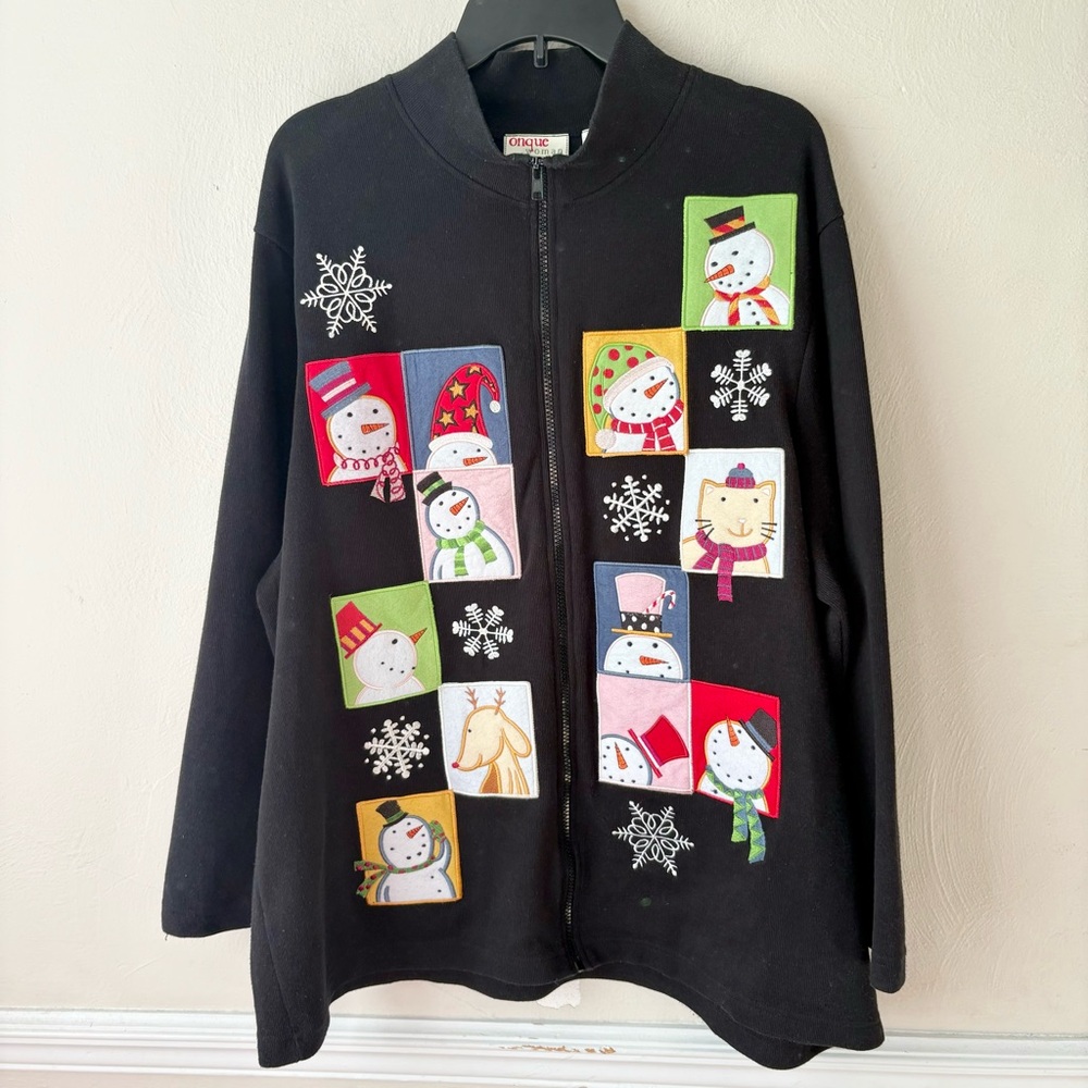 Onque Woman Black‎ Christmas Snowman Applique Full Zip Top